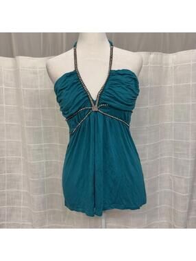 Y2K Teal Rhinestone Embellished Halter Neck Ruched Babydoll Top